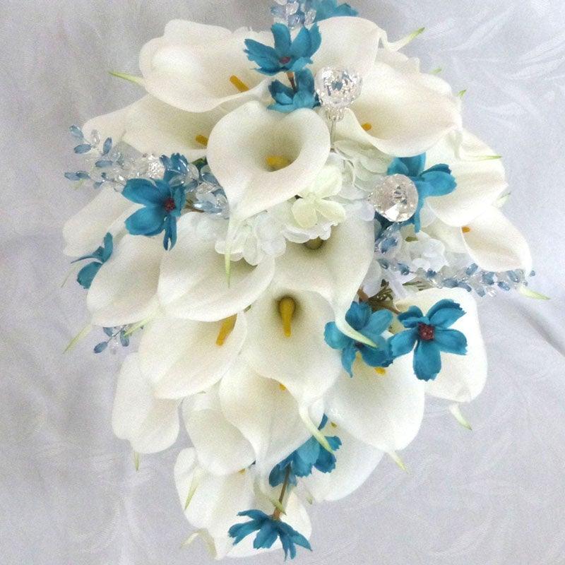 Stevvex 10Pcs Real Touch Calla Lily bouquet white calla lilies blue accents crystal beads on Tampa Home & Garden Store
