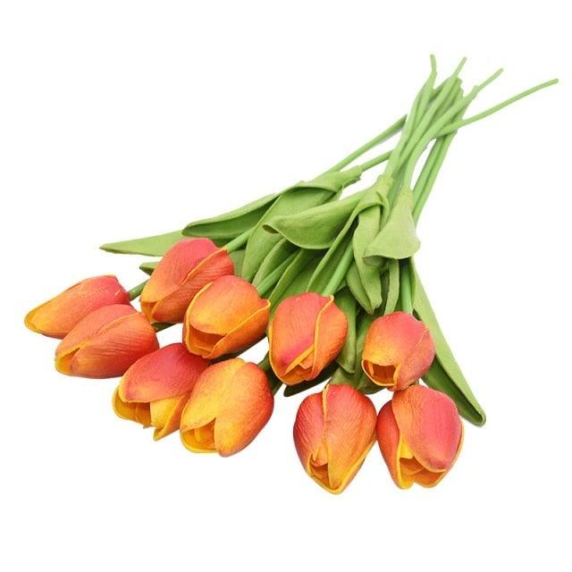 10Pcs Calla Lily artificial bouquet in orange-pink with green stems for wedding decor on Tampa Home & Garden Store