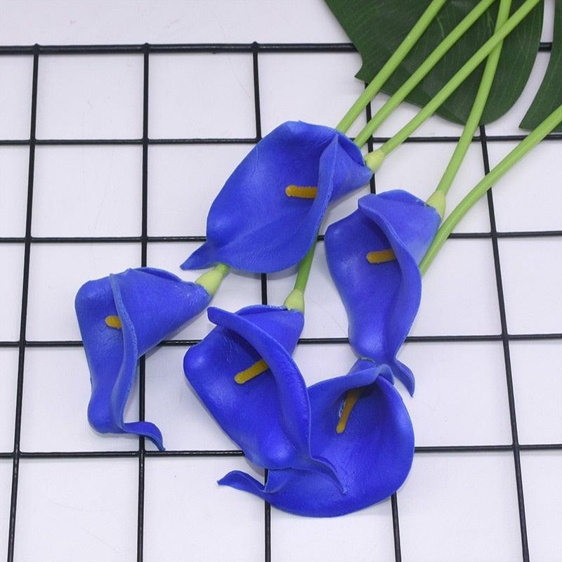 Blue calla lily artificial bouquet 5 stems, real-touch petals, Stevvex ST50DE6010NJB on Tampa Home & Garden Store