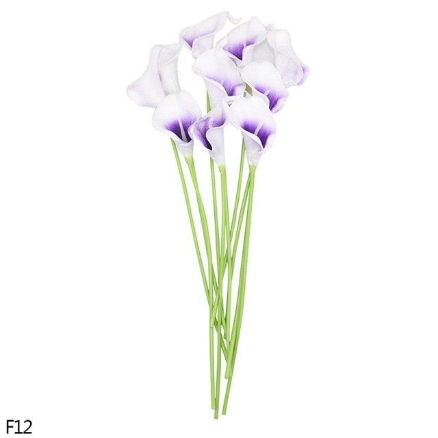 Calla Lily artificial bouquet 10pcs real touch white with lavender centers Stevvex on Tampa Home & Garden Store