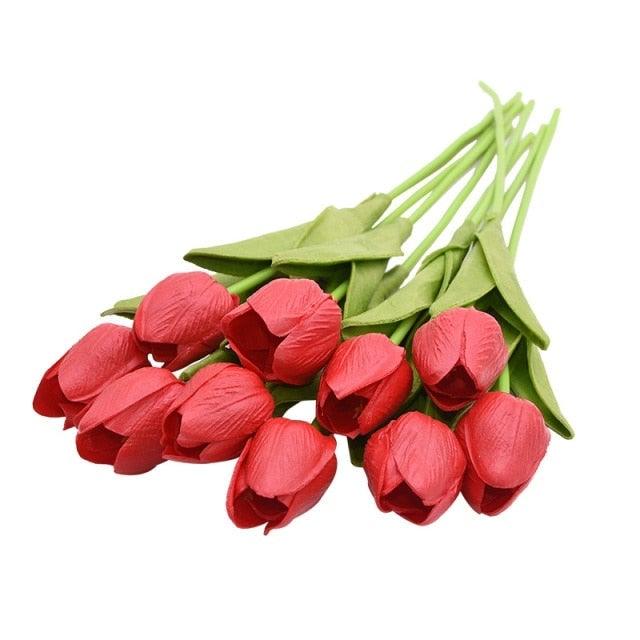 Calla lily artificial bouquet 10pcs red blooms with green stems Stevvex Real Touch wedding decor on Tampa Home & Garden Store