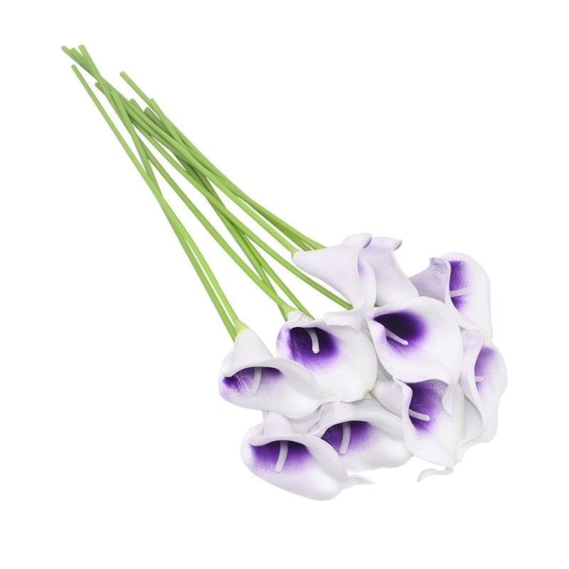 Calla Lily artificial bouquet Stevvex 10Pcs white purple centers for wedding decor on Tampa Home & Garden Store