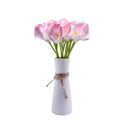 Calla Lily artificial bouquet 10pcs Stevvex real-touch pink-white blooms in vase with twine on Tampa Home & Garden Store