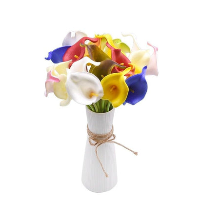 Stevvex 10Pcs Real Touch Calla Lily Artificial Bouquet in white ribbed vase multicolor on Tampa Home & Garden Store