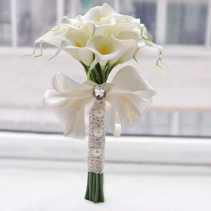 10Pcs Real Touch Calla Lily Bouquet with satin bow and lace stems Stevvex ST50DE6010NJB on Tampa Home & Garden Store