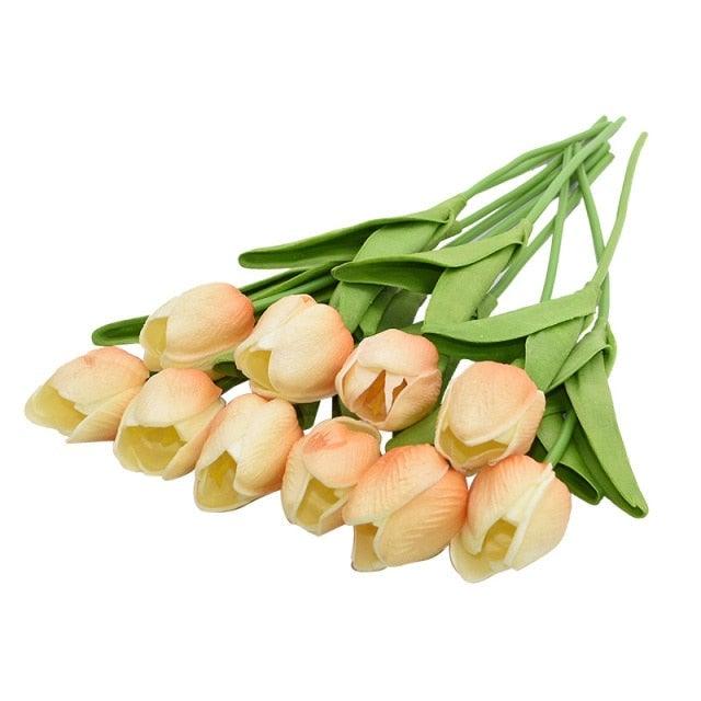Calla lily artificial bouquet Stevvex 10pc peach blooms with green stems for wedding decor on Tampa Home & Garden Store