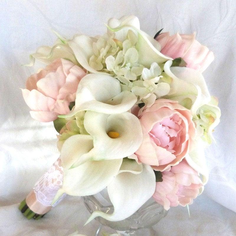 10Pcs Calla Lily Artificial Bouquet with white lilies and pink peonies, lace wrap, wedding decor on Tampa Home & Garden Store