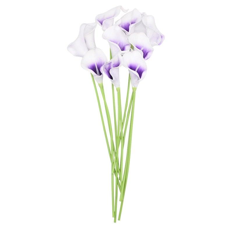 10Pcs Calla Lily artificial bouquet with white petals, purple centers, green stems on Tampa Home & Garden Store