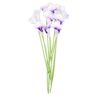 10Pcs Calla Lily artificial bouquet with white petals, purple centers, green stems on Tampa Home & Garden Store