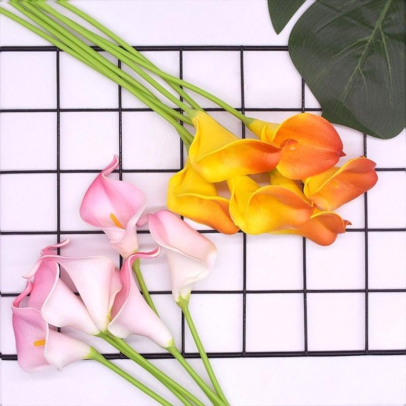 Artificial Calla Lily bouquet 10Pcs real-touch pink/peach and yellow-orange blooms Stevvex on Tampa Home & Garden Store