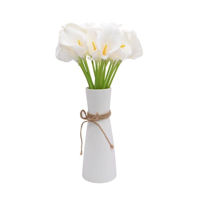 Calla lily artificial bouquet 10pc by Stevvex in a ribbed white vase with twine bow on Tampa Home & Garden Store