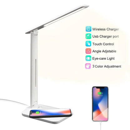 Stevvex 10W LED Desk Lamp with wireless charger, USB port, foldable white eye-care lamp on Tampa Home & Garden Store