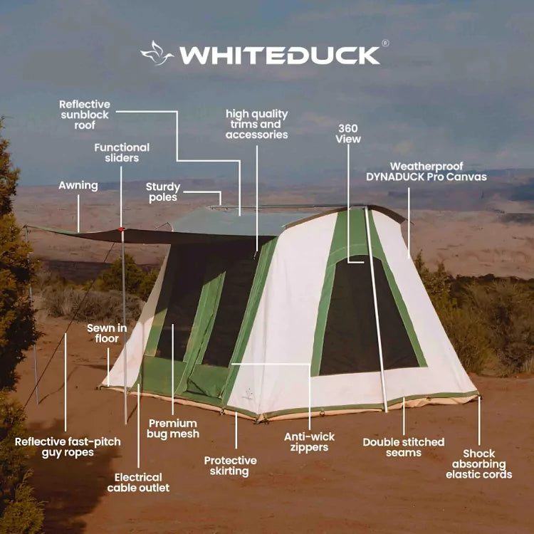 10x10 Prota Canvas Tent by White Duck Outdoors green and white with awning and sewn-in floor on Tampa Home & Garden Store