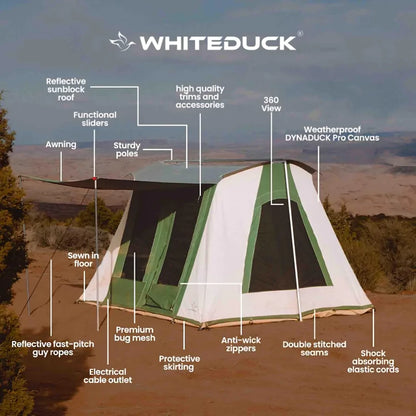 10x10 Prota Canvas Tent by White Duck Outdoors green and white with awning and sewn-in floor on Tampa Home & Garden Store