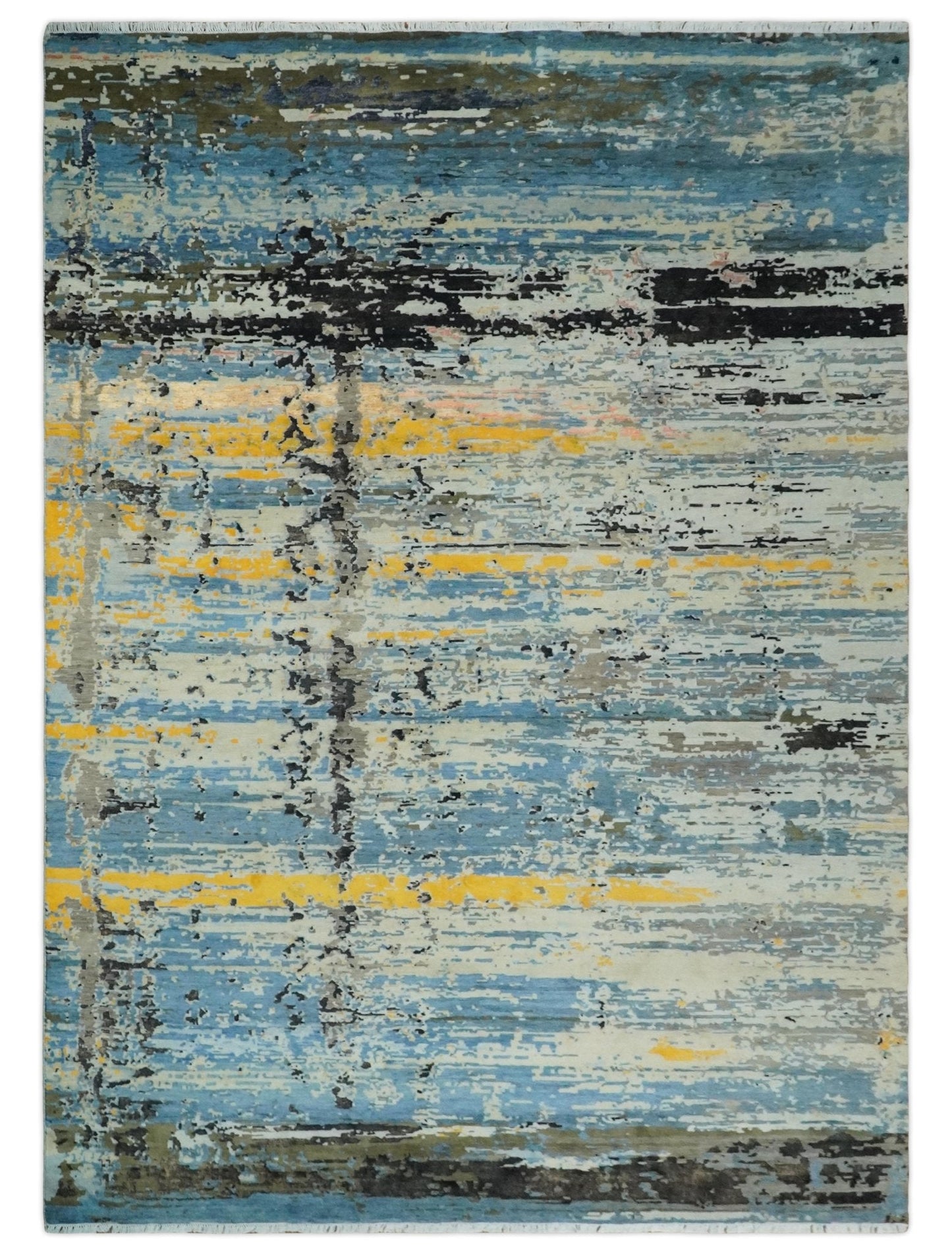 Alfombra antigua de lana y seda, de estilo abstracto moderno, azul y negro, fina, anudada a mano, de 10 x 14 pulgadas | AGR49