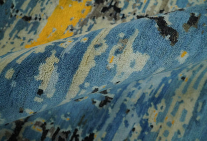 Alfombra antigua de lana y seda, de estilo abstracto moderno, azul y negro, fina, anudada a mano, de 10 x 14 pulgadas | AGR49