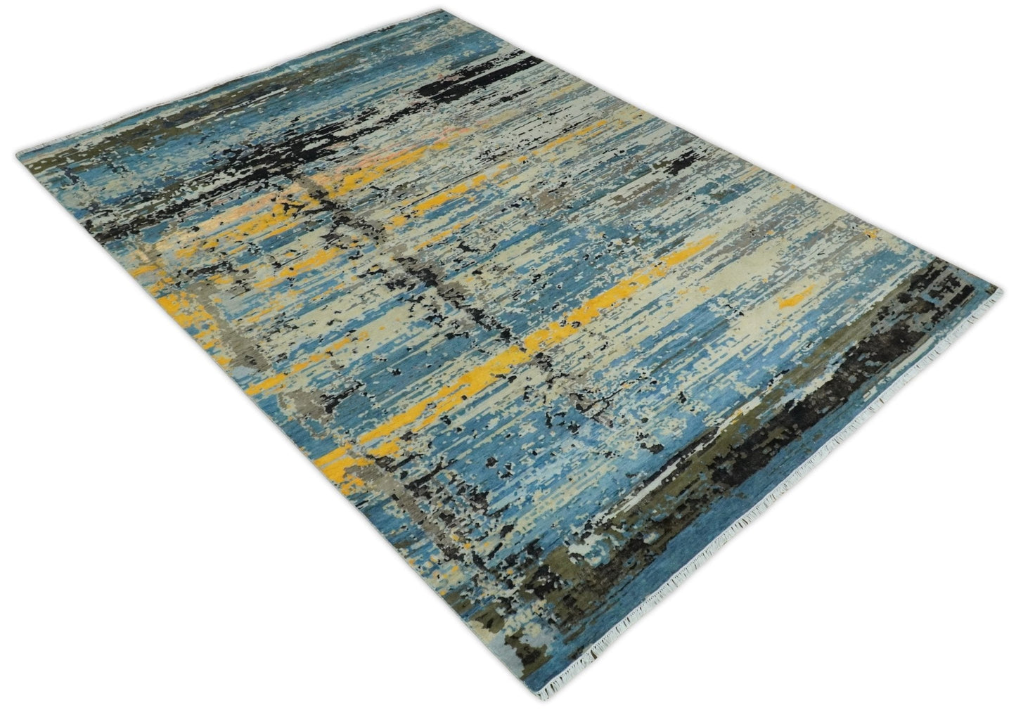 Alfombra antigua de lana y seda, de estilo abstracto moderno, azul y negro, fina, anudada a mano, de 10 x 14 pulgadas | AGR49