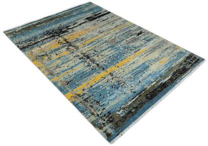 Alfombra antigua de lana y seda, de estilo abstracto moderno, azul y negro, fina, anudada a mano, de 10 x 14 pulgadas | AGR49