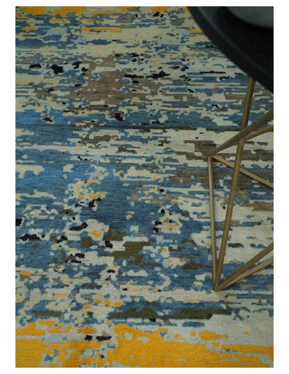 Alfombra antigua de lana y seda, de estilo abstracto moderno, azul y negro, fina, anudada a mano, de 10 x 14 pulgadas | AGR49