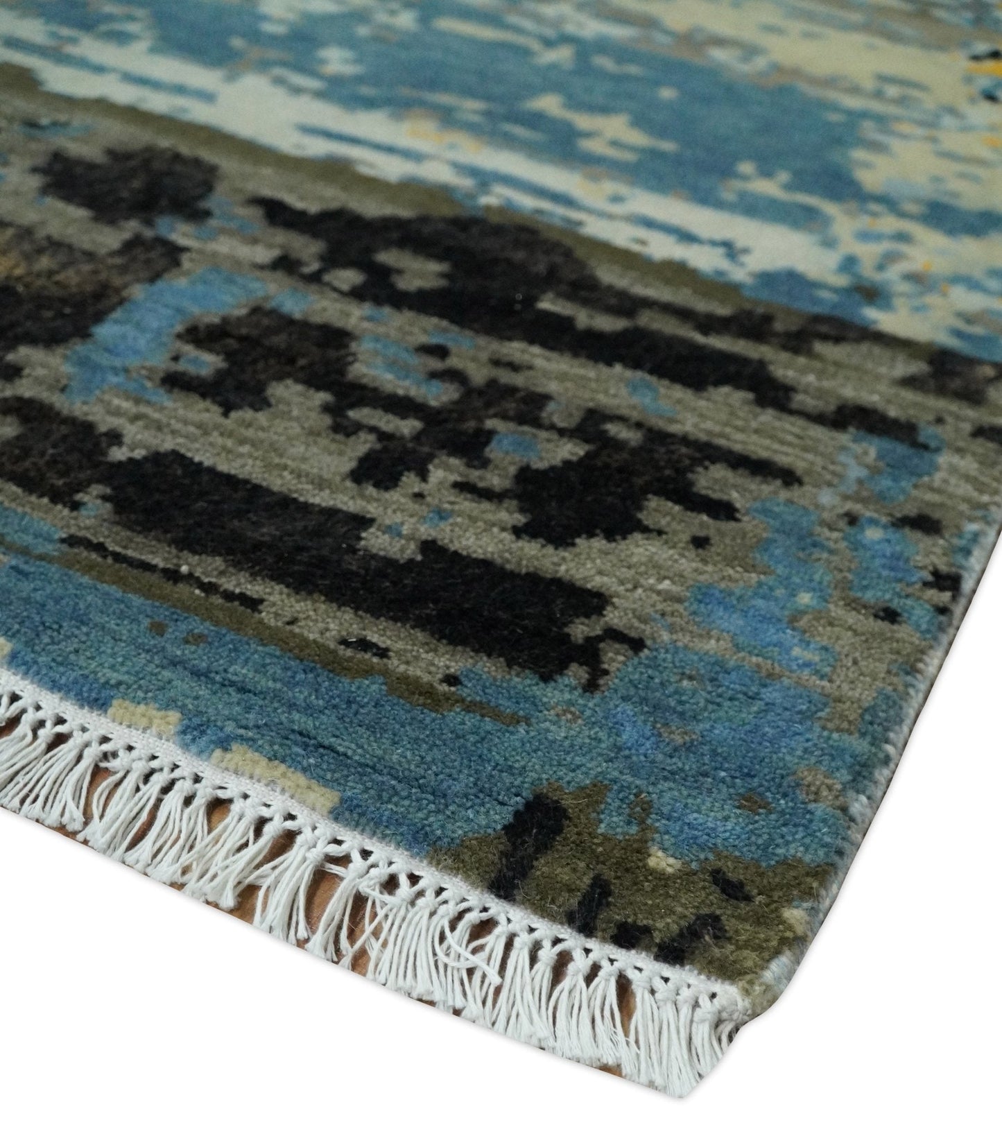 Alfombra antigua de lana y seda, de estilo abstracto moderno, azul y negro, fina, anudada a mano, de 10 x 14 pulgadas | AGR49