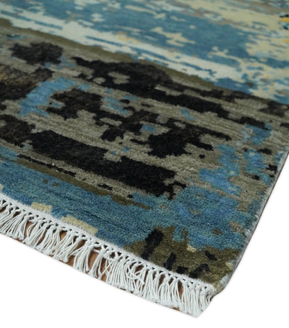 Alfombra antigua de lana y seda, de estilo abstracto moderno, azul y negro, fina, anudada a mano, de 10 x 14 pulgadas | AGR49