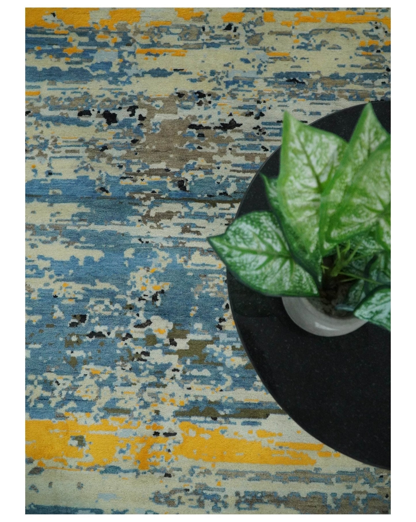 Alfombra antigua de lana y seda, de estilo abstracto moderno, azul y negro, fina, anudada a mano, de 10 x 14 pulgadas | AGR49