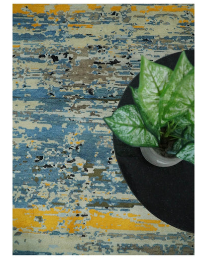 Alfombra antigua de lana y seda, de estilo abstracto moderno, azul y negro, fina, anudada a mano, de 10 x 14 pulgadas | AGR49
