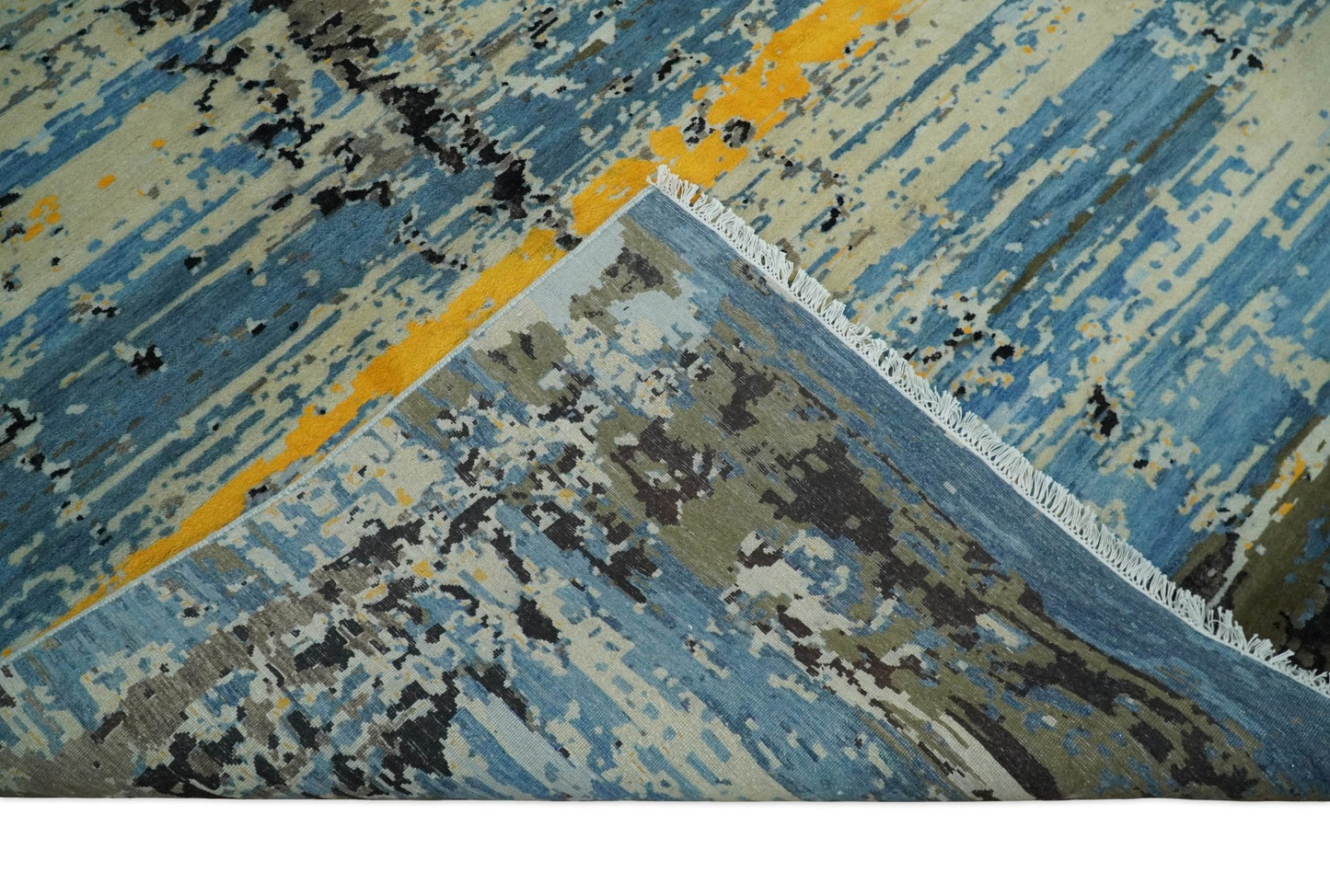 Alfombra antigua de lana y seda, de estilo abstracto moderno, azul y negro, fina, anudada a mano, de 10 x 14 pulgadas | AGR49