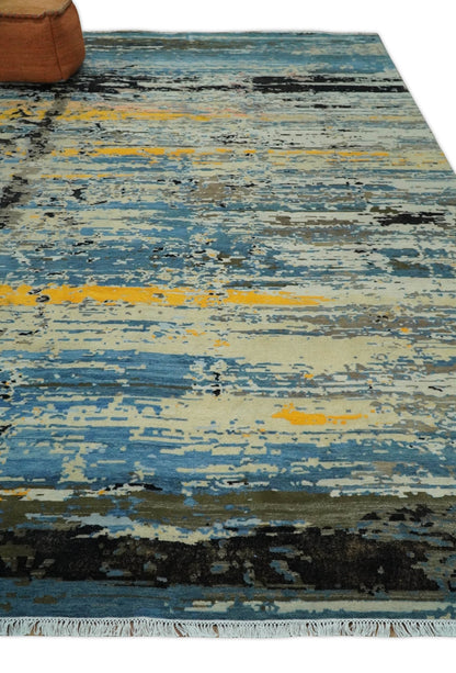 Alfombra antigua de lana y seda, de estilo abstracto moderno, azul y negro, fina, anudada a mano, de 10 x 14 pulgadas | AGR49