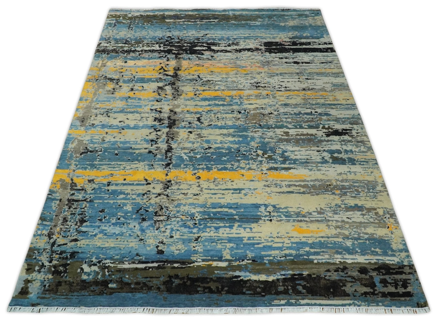 Alfombra antigua de lana y seda, de estilo abstracto moderno, azul y negro, fina, anudada a mano, de 10 x 14 pulgadas | AGR49