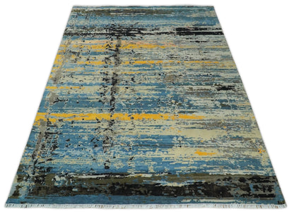 Alfombra antigua de lana y seda, de estilo abstracto moderno, azul y negro, fina, anudada a mano, de 10 x 14 pulgadas | AGR49