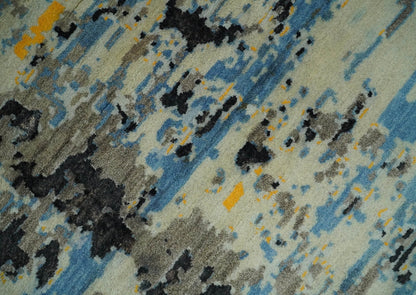 Alfombra antigua de lana y seda, de estilo abstracto moderno, azul y negro, fina, anudada a mano, de 10 x 14 pulgadas | AGR49