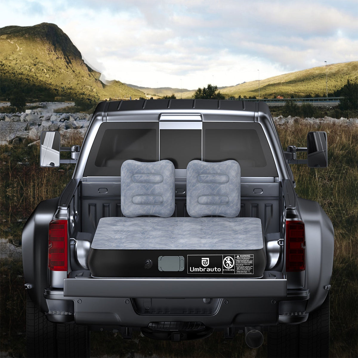 Umbrauto 5.5-6.5 ft square truck bed air mattress, gray with two headrests in pickup bed on Tampa Home & Garden Store
