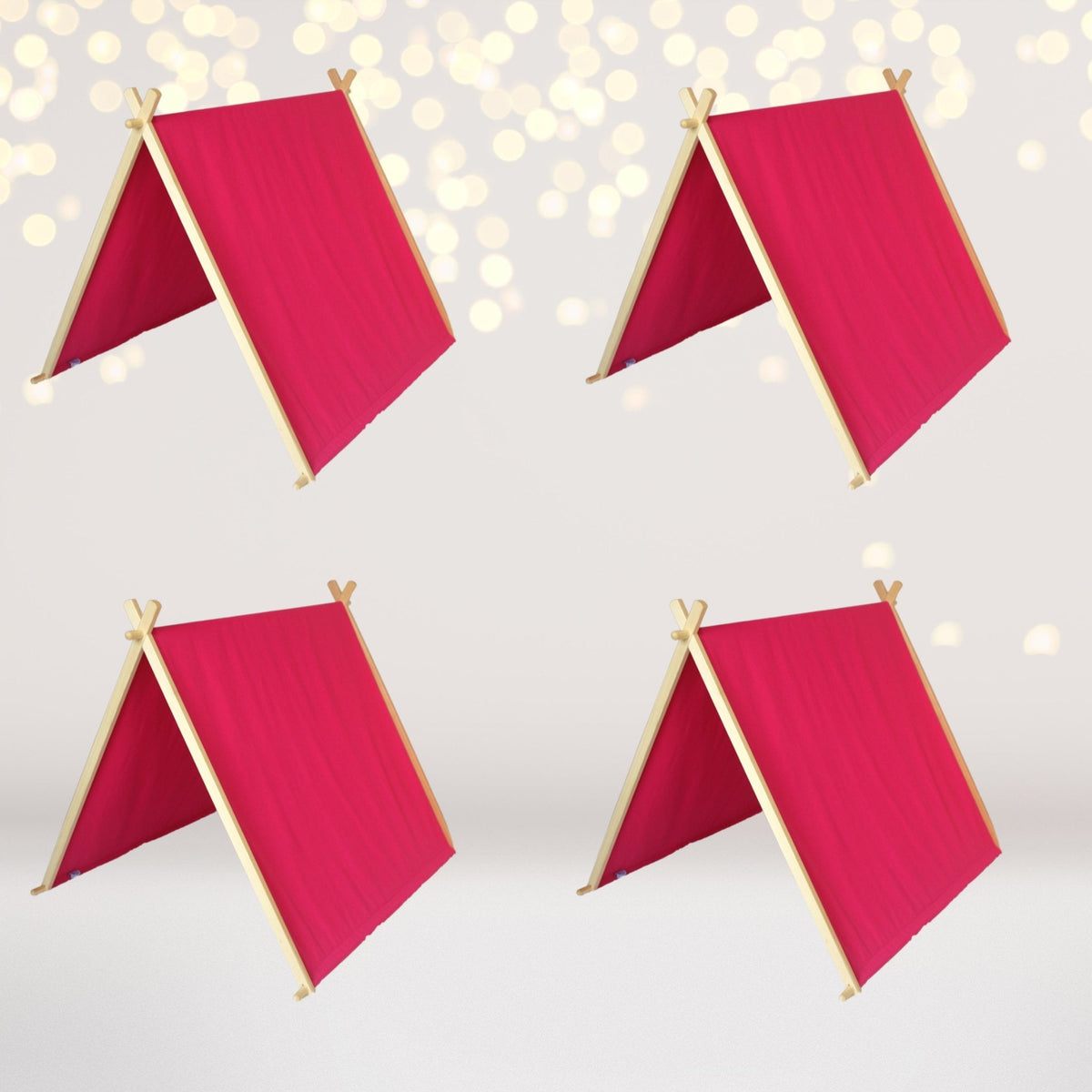 Four pink kids' A-frame sleepover tents with lights and wooden frames on Tampa Home & Garden Store