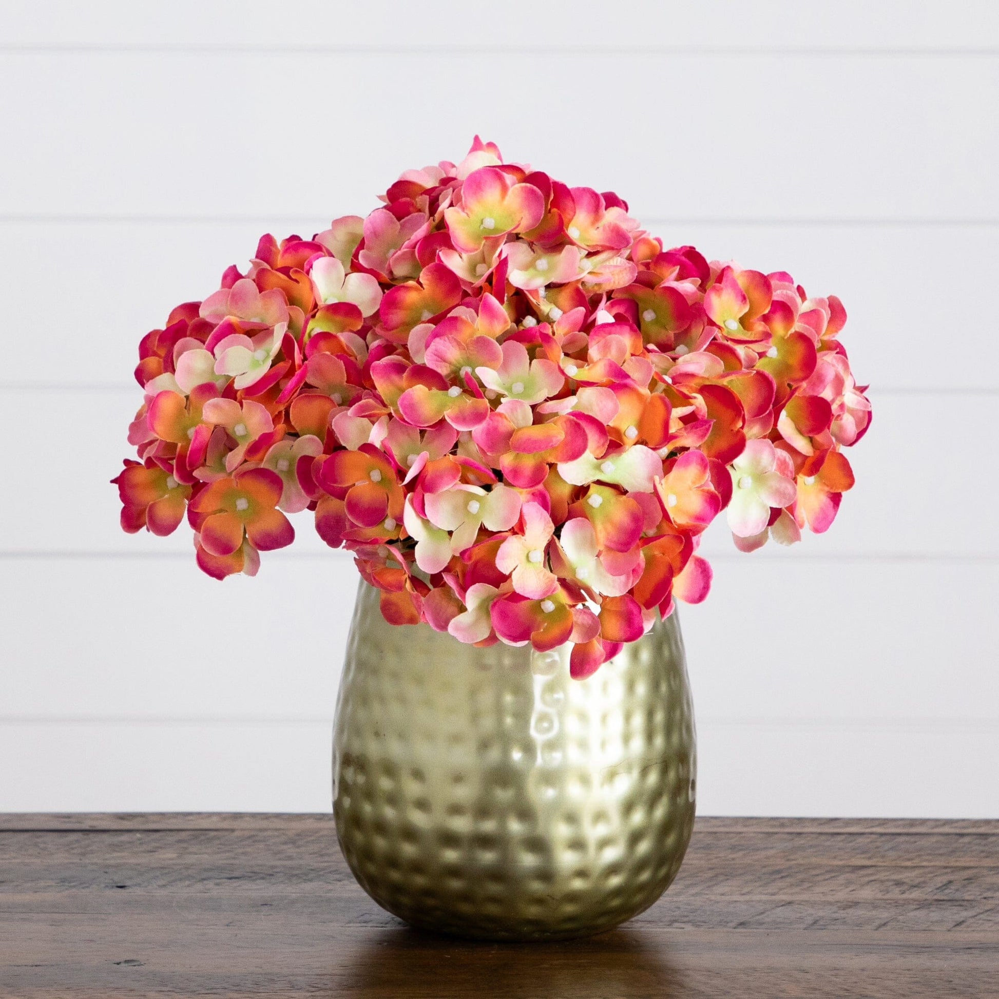 11” Artificial Hydrangea Arrangement in Gold Metal Vase - Tampa Home & Garden Store