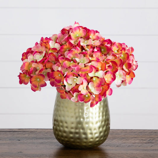 11” Artificial Hydrangea Arrangement in Gold Metal Vase - Tampa Home & Garden Store