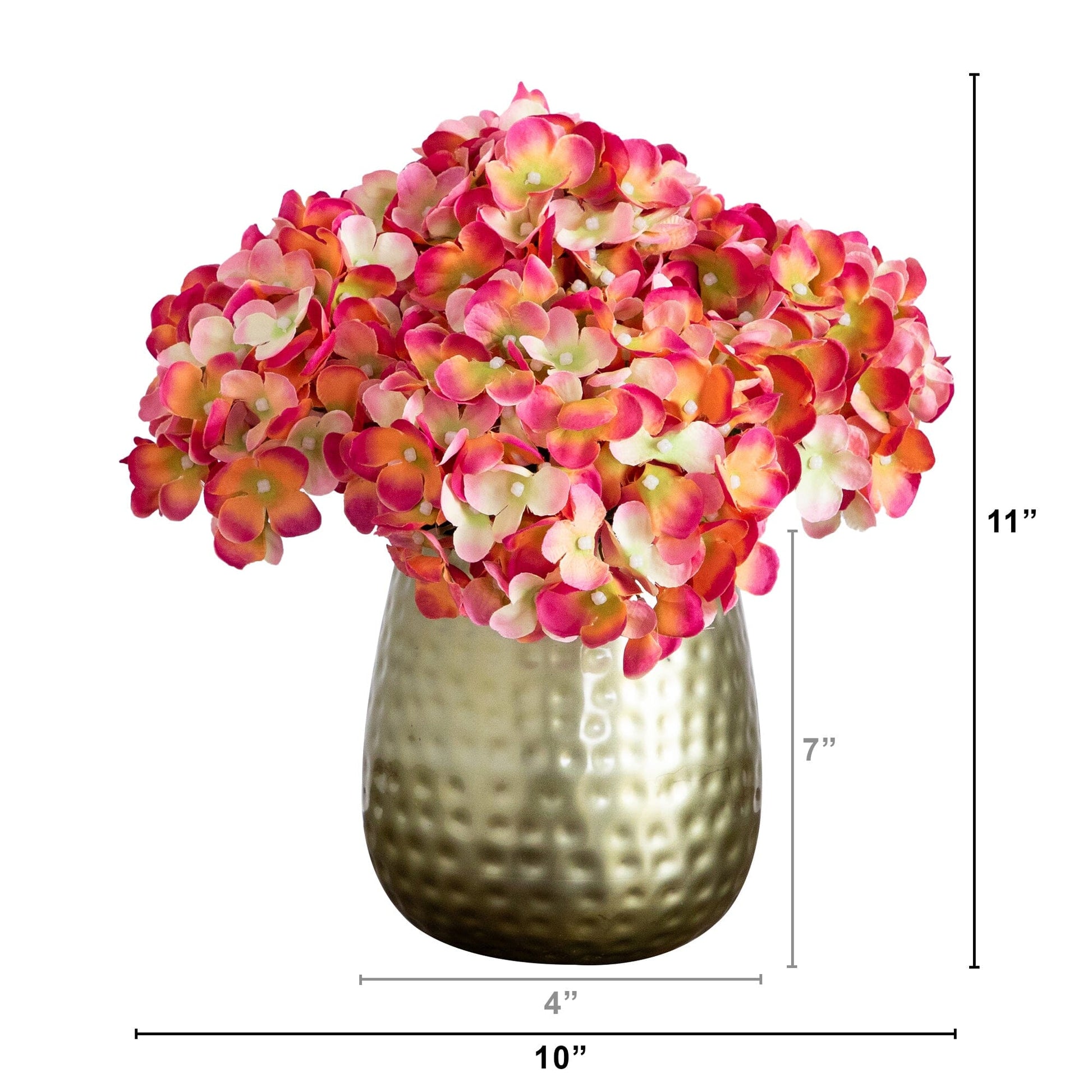 11” Artificial Hydrangea Arrangement in Gold Metal Vase - Tampa Home & Garden Store