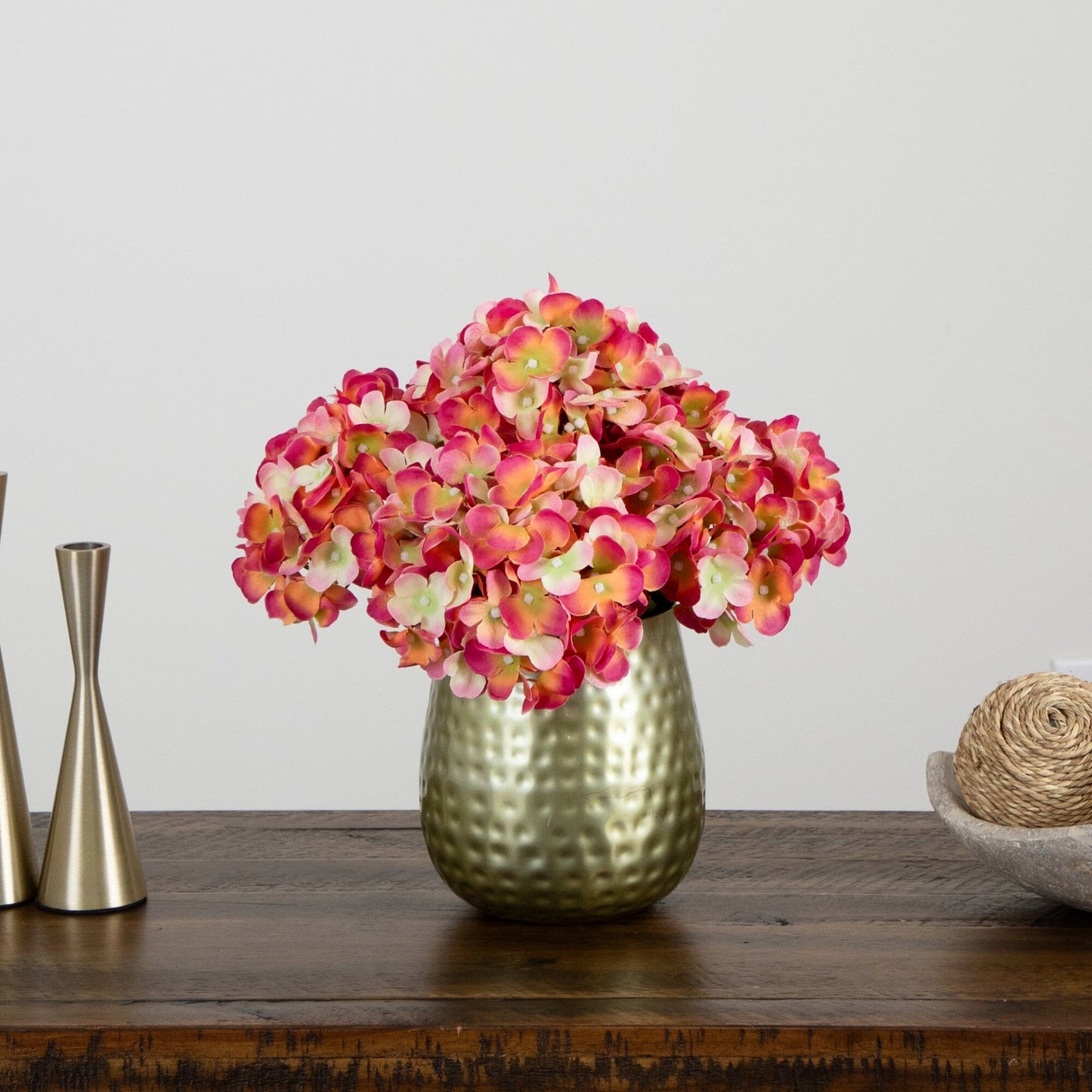 11” Artificial Hydrangea Arrangement in Gold Metal Vase - Tampa Home & Garden Store