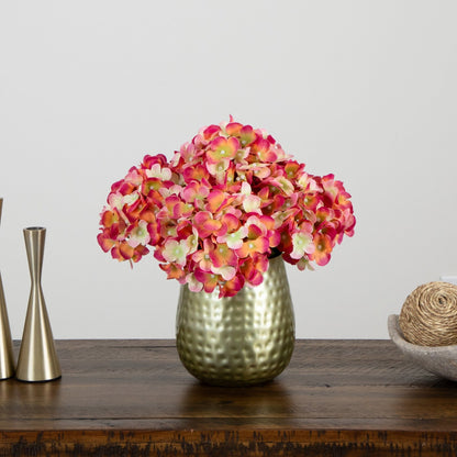 11” Artificial Hydrangea Arrangement in Gold Metal Vase - Tampa Home & Garden Store
