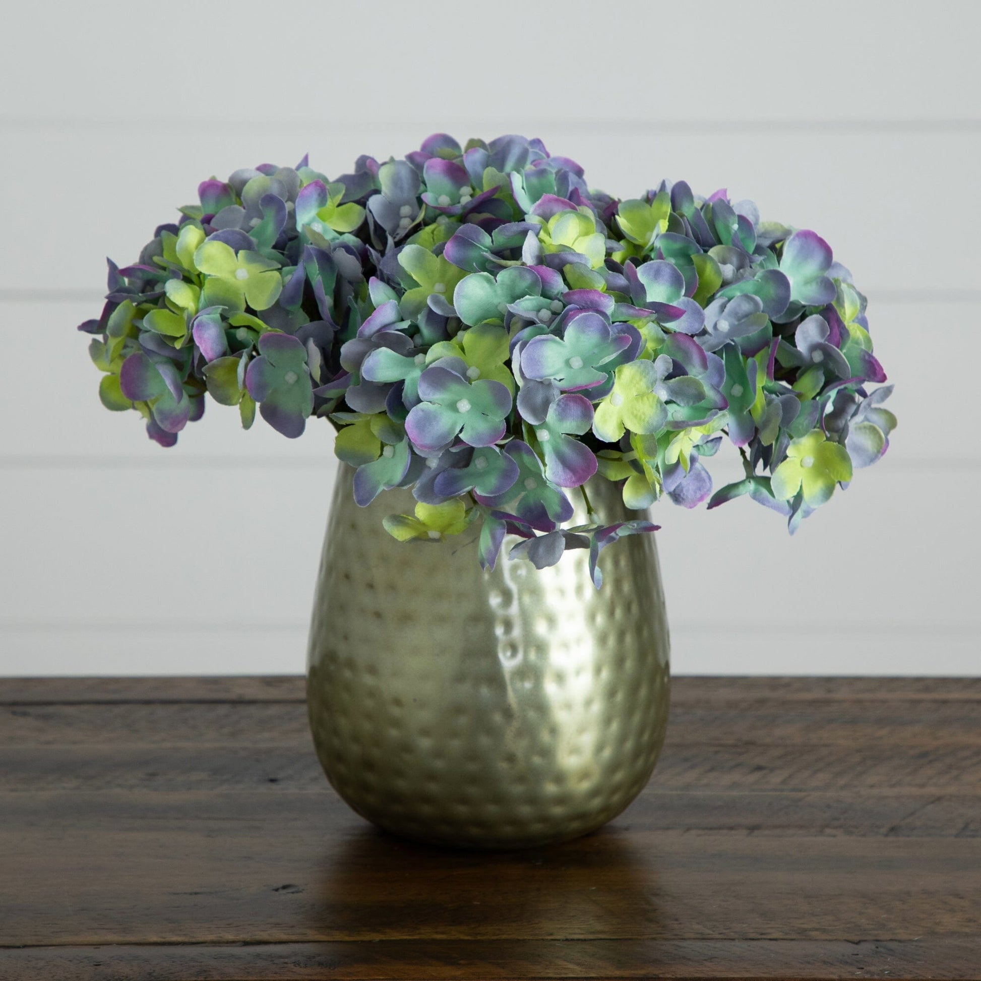 11” Artificial Hydrangea Arrangement in Gold Metal Vase - Tampa Home & Garden Store