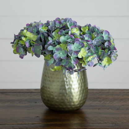 11” Artificial Hydrangea Arrangement in Gold Metal Vase - Tampa Home & Garden Store