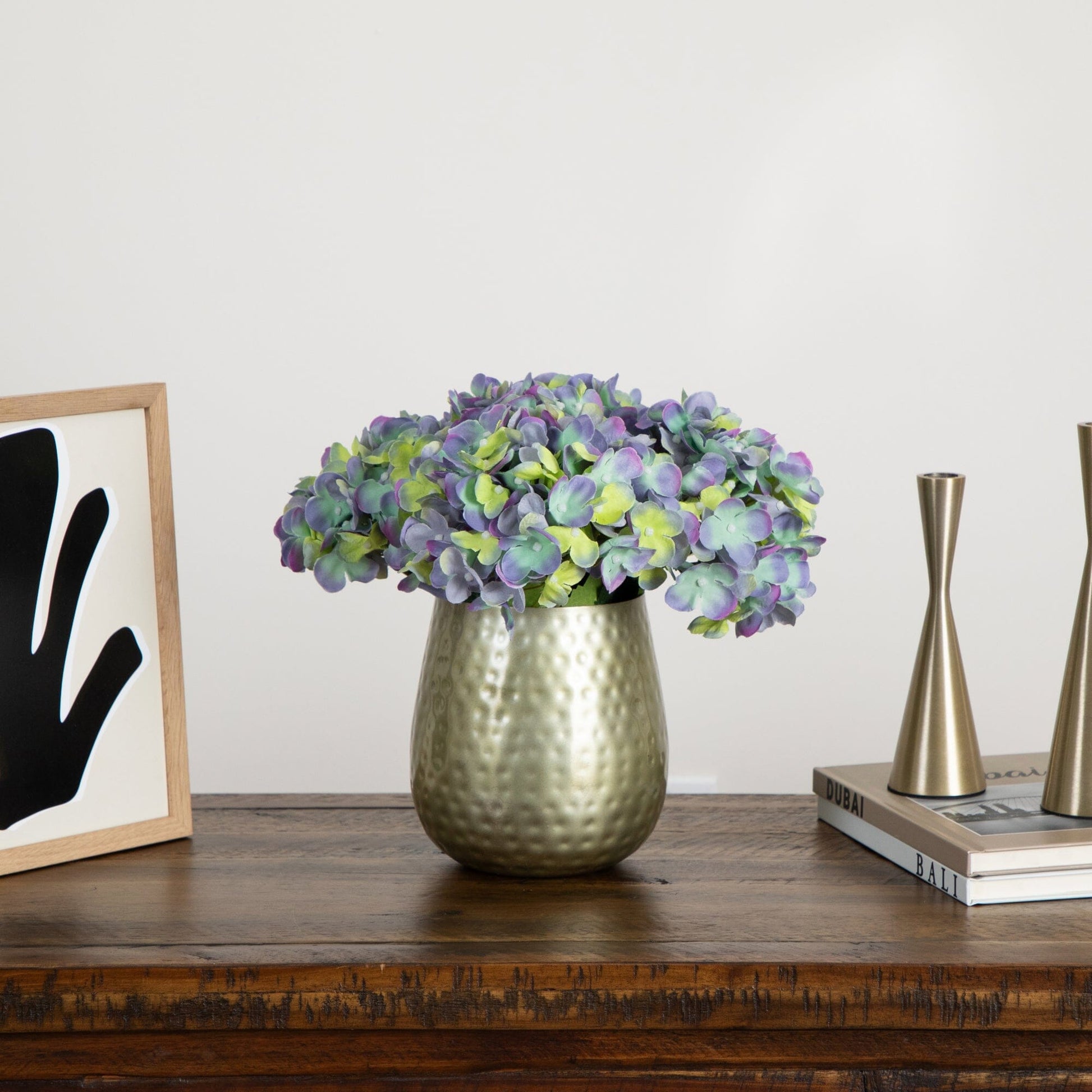 11” Artificial Hydrangea Arrangement in Gold Metal Vase - Tampa Home & Garden Store