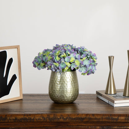 11” Artificial Hydrangea Arrangement in Gold Metal Vase - Tampa Home & Garden Store
