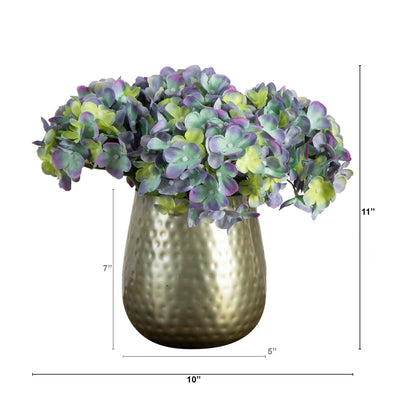 11” Artificial Hydrangea Arrangement in Gold Metal Vase - Tampa Home & Garden Store