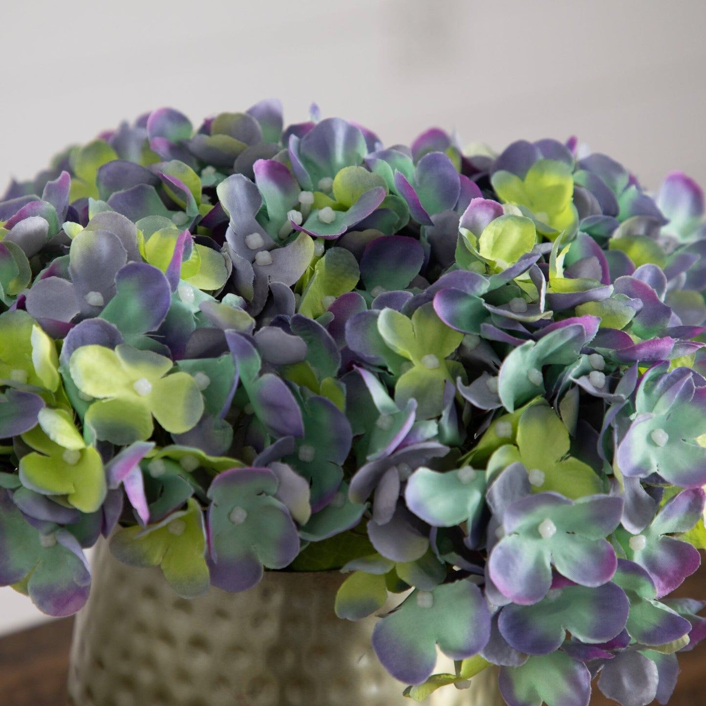 11” Artificial Hydrangea Arrangement in Gold Metal Vase - Tampa Home & Garden Store