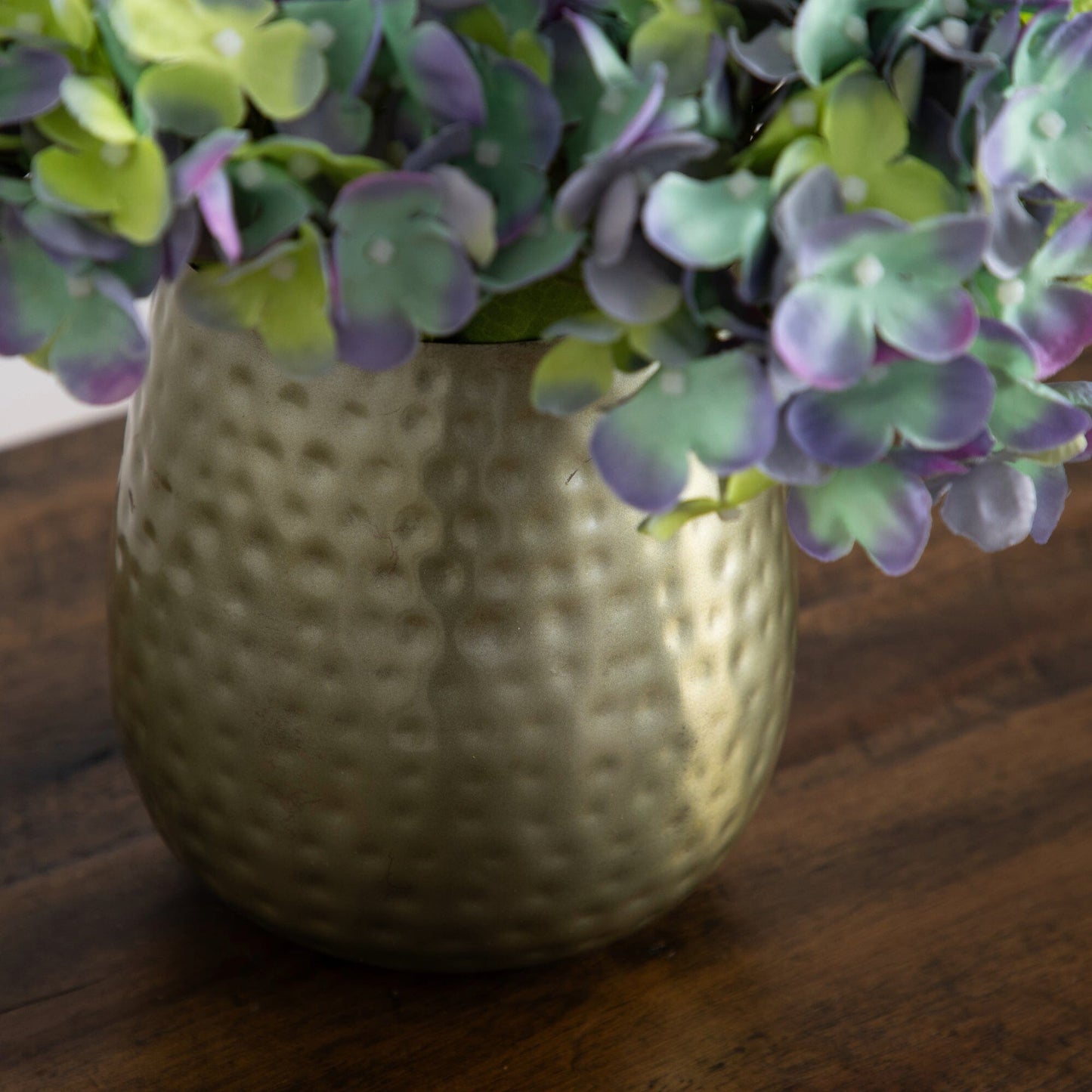 11” Artificial Hydrangea Arrangement in Gold Metal Vase - Tampa Home & Garden Store
