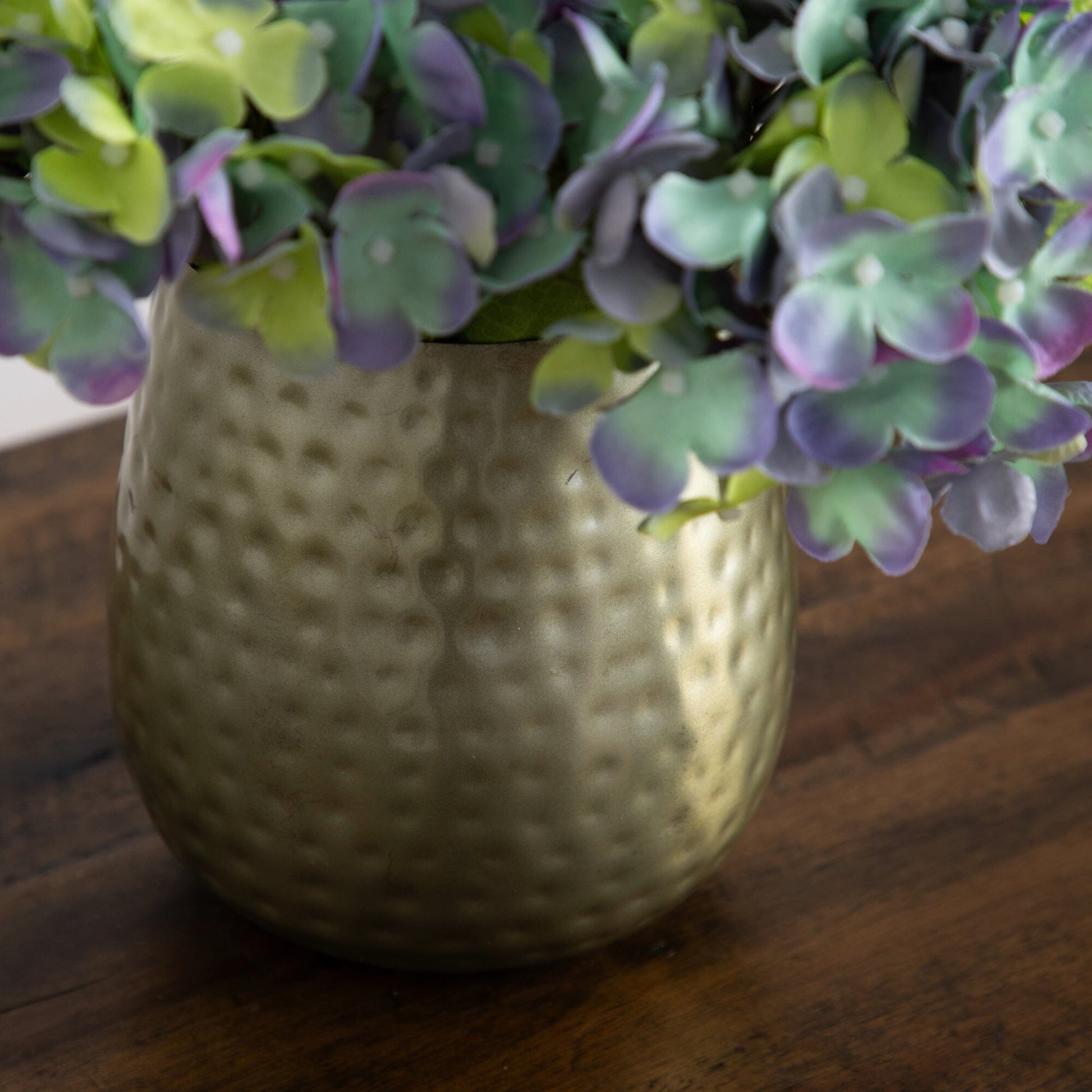 11” Artificial Hydrangea Arrangement in Gold Metal Vase - Tampa Home & Garden Store