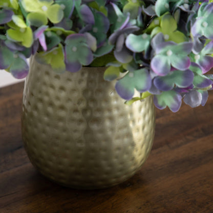 11” Artificial Hydrangea Arrangement in Gold Metal Vase - Tampa Home & Garden Store