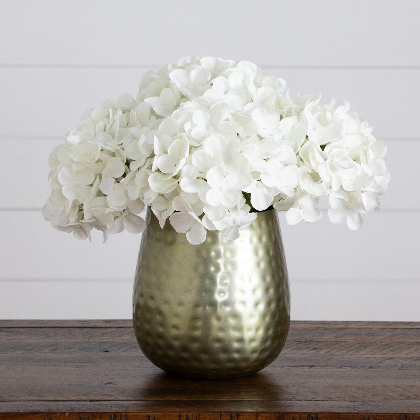 11” Artificial Hydrangea Arrangement in Gold Metal Vase - Tampa Home & Garden Store