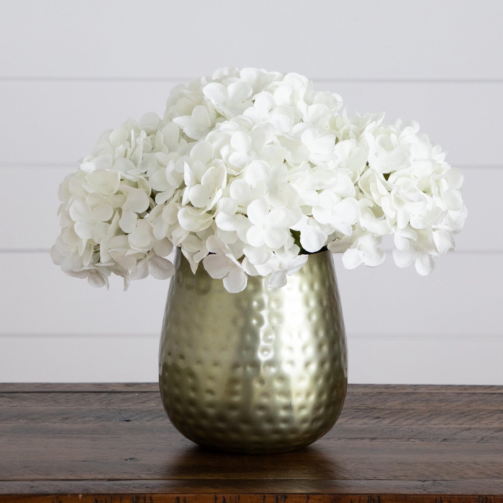 11” Artificial Hydrangea Arrangement in Gold Metal Vase - Tampa Home & Garden Store